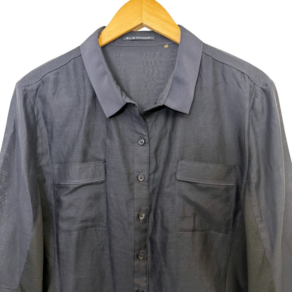 Elie Tahari Top XL Navy Blue Silk Cotton Blend Button Down Mixed Media Shirt - Picture 2 of 12